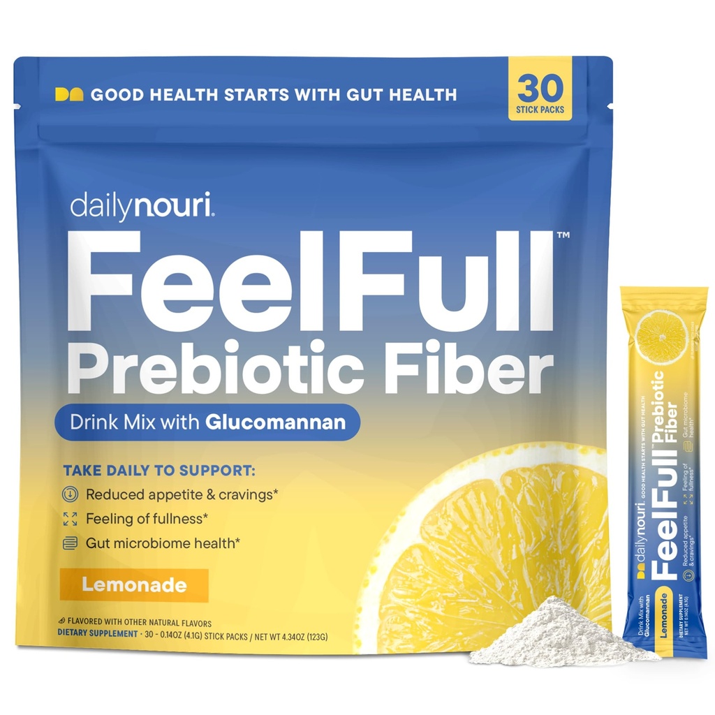 Daily Nouri FeelFull Prebiotic Fiber Drink Mix | Unterstützt natürliche Vollständigkeit, Appetit & Cravings Control, Gut & Metabolic Health | Oligofructose, Glucomannan & Chromium | 30 Stick Packs