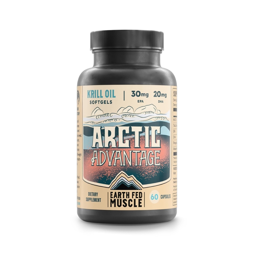 Earth Fed Muscle Arctic Advantage Krill Oil 500mg softgels, Omega-3 DHA & EPA for Heart, Brain, Eye & Joint Health Support, No Fishy Aftertaste, Non-GMO, Gluten-Free Antartic Krill Oil - 60 Capsules