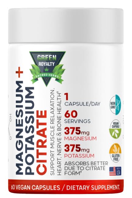 Magnesium Citrat + Kalium 60 Premium Vegan Kapseln (Kitrate 375 mg) + (375 mg Kalium) Non GMO, Glutenfrei - Hohe Absorptionsergänzung Made in USA
