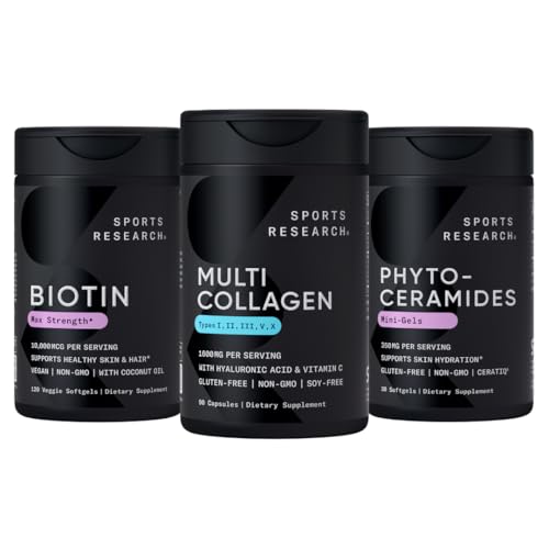 Sportforschung Vegan Biotin 10.000mcg mit Kokosöl, Multi Collagen Pillen (Typ I, II, III, V, X) hydrolysierte Collagen Peptide mit Hyaluronsäure + Vitamin C & Phytoceramide 350mg pro Softgel