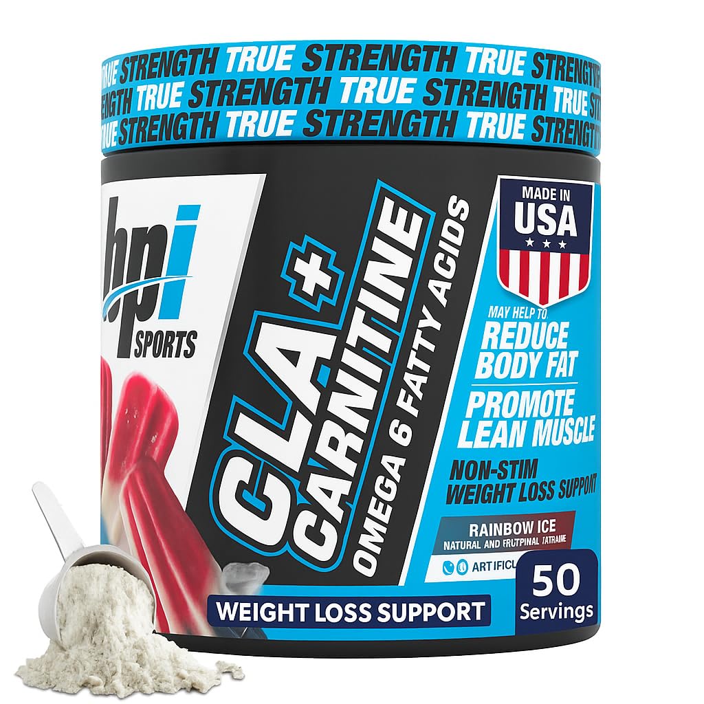 BPI Sports CLA + Carnitin Pulver – Nicht-Stimulant Fat Burner für Weight Loss, Metabolism & Lean Muscle – Koffeinfrei – Regenbogen-Eis – 50 Portionen – 12.34 Unze