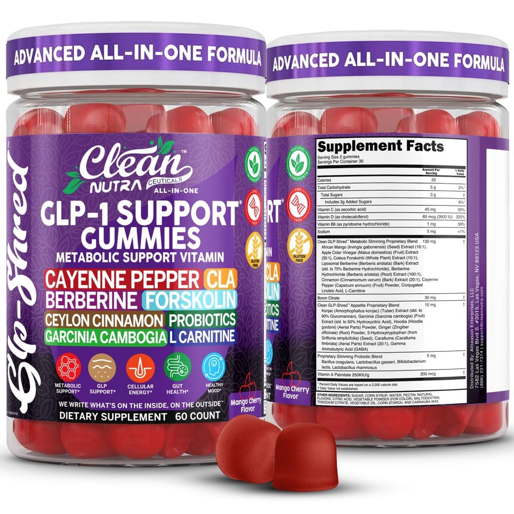 Clean Nutra Gummies with Cayenne Pepper, CLA, Berberine, Forskolin, Ceylon Cinnamon, Probiotics, Garcinia Cambogia & L-Carnitine | Mango Cherry Flavor | 60 Count Chewable Supplement Gummies