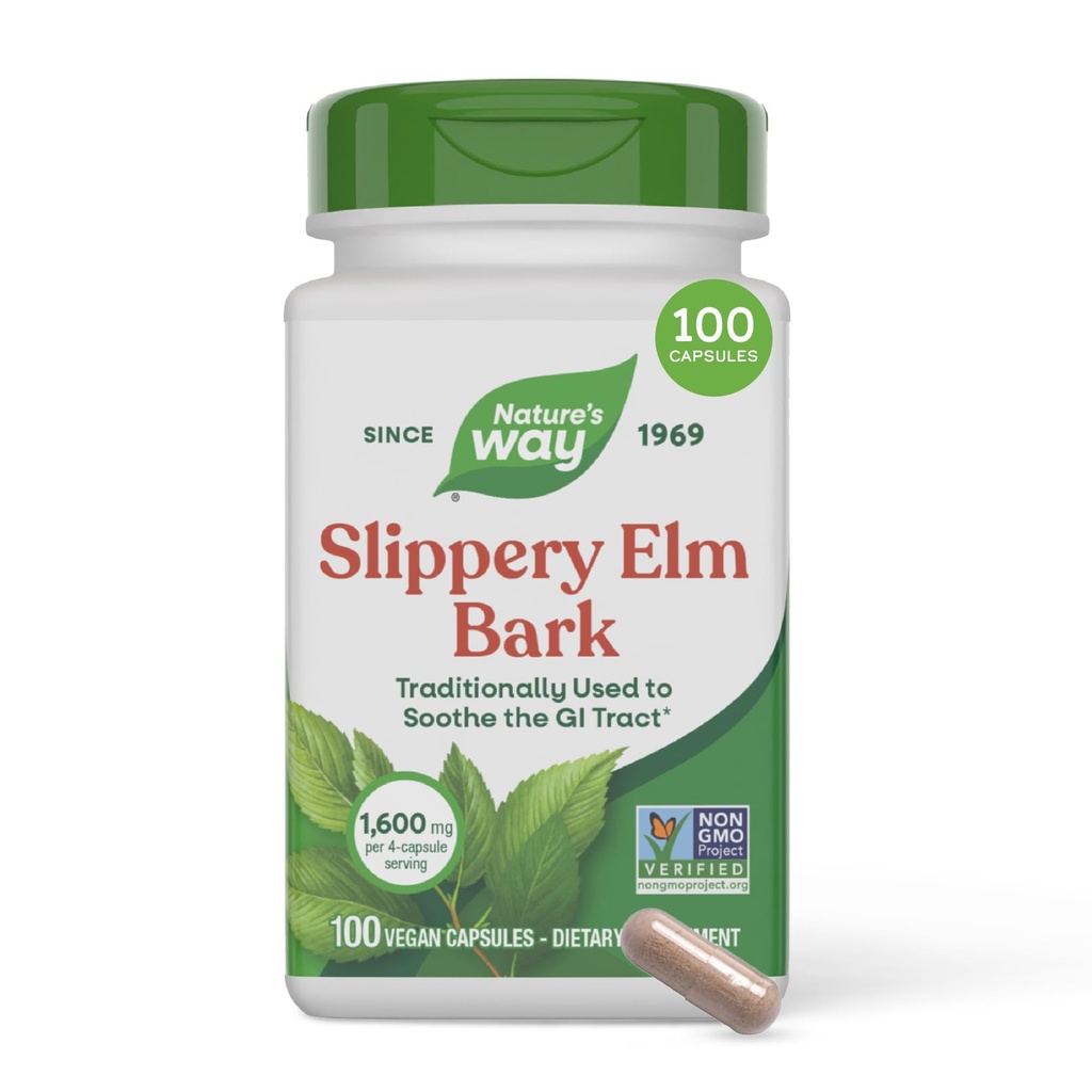 Nature's Way Slippery Elm Bark Capsules, Traditional Digestive Support to Soothe Gastrointestinal Tract*, 1,600 mg per 4-Capsule Serving for Traditional GI Support*, Vegan, 100 Capsules