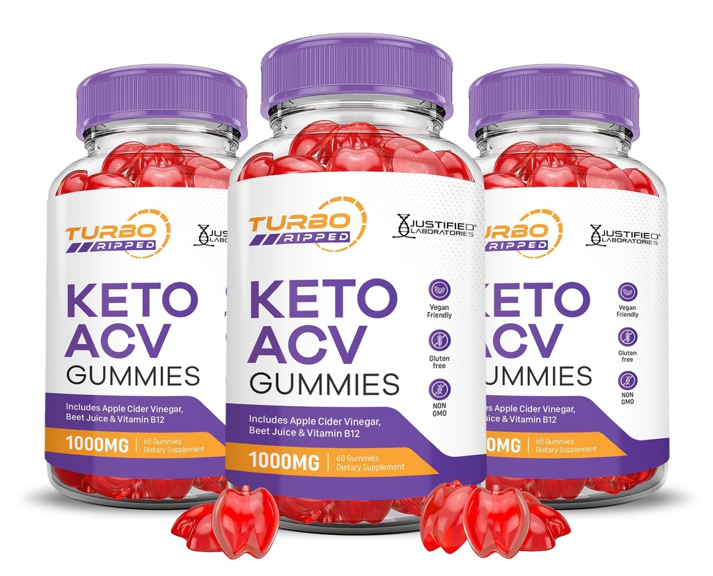 (3 Pack) Turbo Ripped Keto ACV Gummies Advanced Formula 1000MG Turbo Ripped Keto Gummies Apfel Apfelessig Formuliert mit Granatapfelsaft Pulver B12 Vegan Non GMO 180 Gummys
