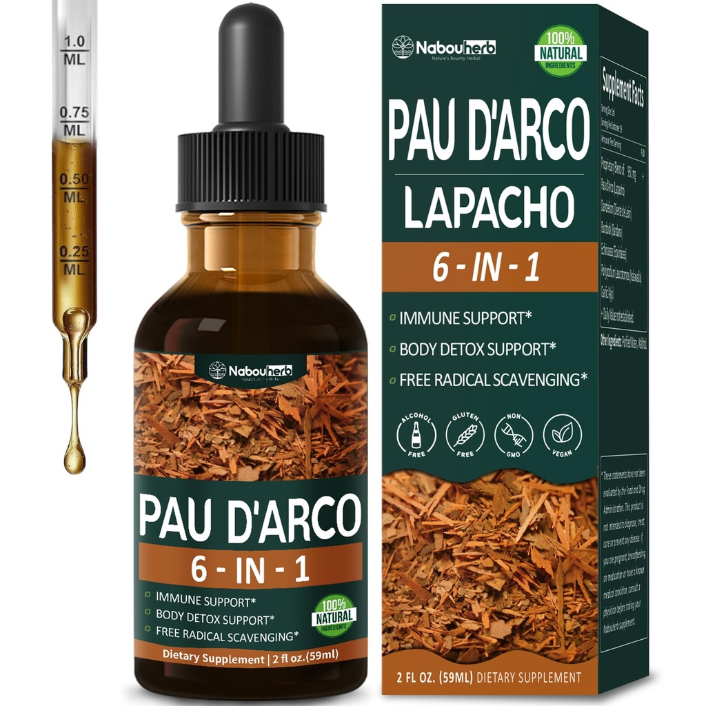 PAU d'Arco Extract Liquid Drops for Immune Support, PAU d arco Inner Bark Tincture Absorbs Better Than Capsule & Tea, 6-in-1 Herbal Blend w/Echinacea Burdock for Body Detox Cleanse.2oz