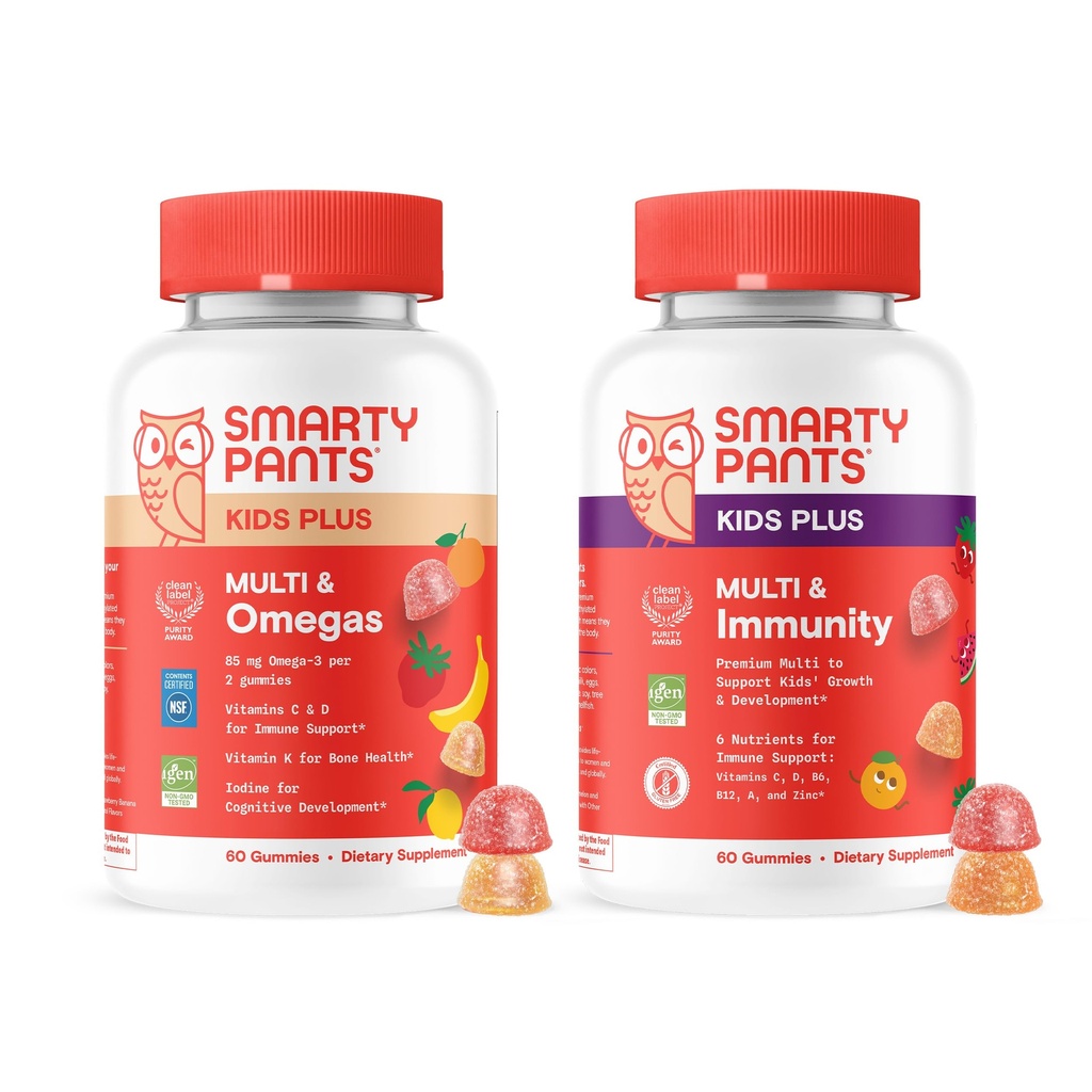 SmartyPants Kids Daily Nutrition & Immunity Bundle: Multivitamin + Multi & Immunity Gummies with Vitamins C, D3, B12, A & Zinc – Gluten Free, Non-GMO, 60 Count Each (Pack of 2)