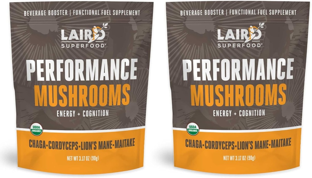 Laird Superfood Organic Performance Mushroom Blend mit Chaga, Cordyceps, Lion's Mane und Maitake for Energy and Cognition, 3.17 Unze. Tasche, Pack von 2