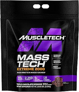 MuscleTech Maß Gainer Protein Powder, Mass-Tech Extreme 2000, Muskelaufbau Proteinpulver, Protein + Kreatin + Carbs, Max-Protein Gewicht Gainer für Frauen & Männer, Triple Chocolate, 20 lbs