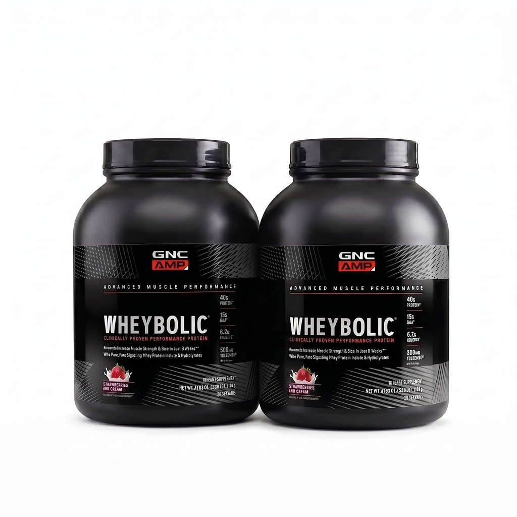 GNC AMP Wheybolic Whey Protein Powder Isolate with BCAA | Targeted Muscle Building and Workout Support Formula | Gluten Free | Strawberries and Cream | 25 Servings (Pack of 2)