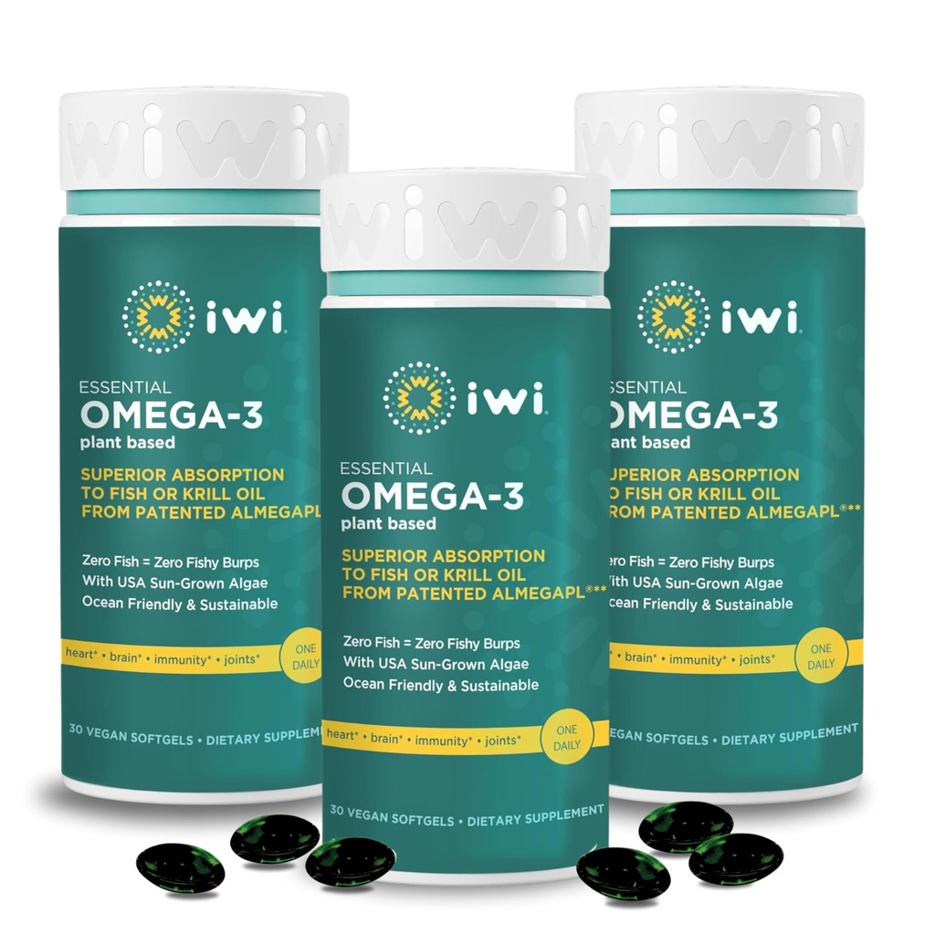 Iwi Omega-3 Essential, 90 Softgels (90 Servierungen), pflanzenbasierte Algen Omega 3 mit EPA + DHA, Gehirn, Herz- und Immununterstützung Nahrungsergänzung, Krill & Fischöl Alternative, Kein Fisch Nachgeschmack