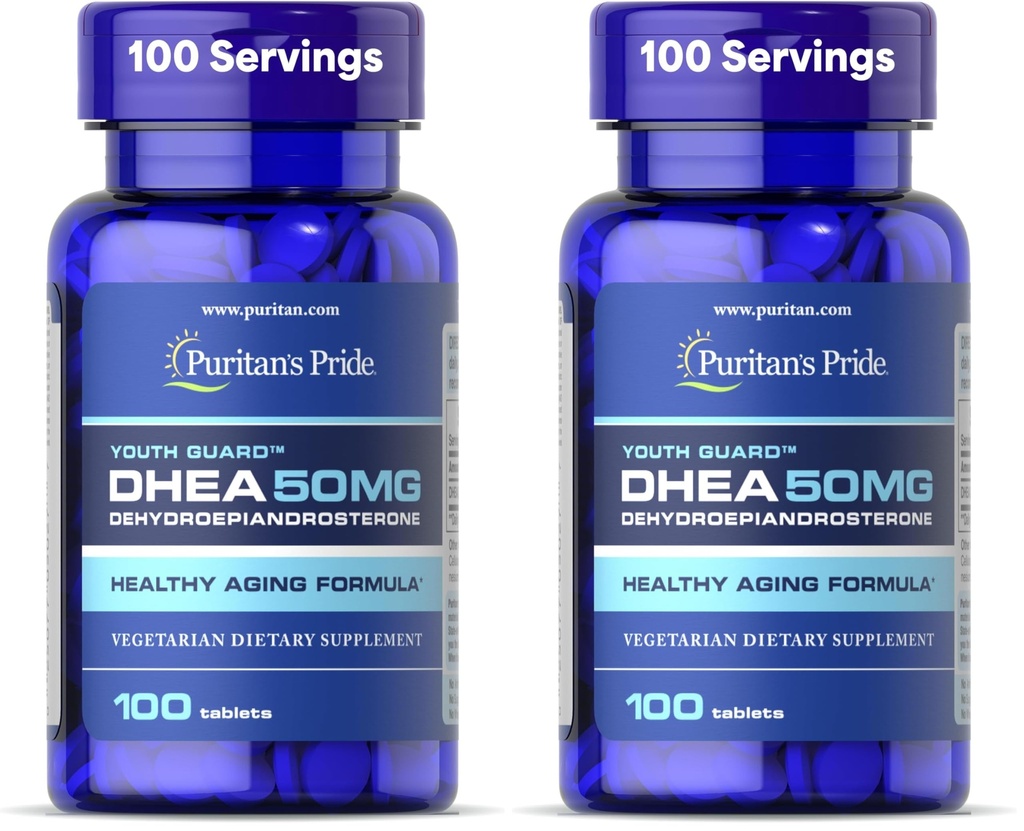 Puritan's Pride Youth Guard™ DHEA for Women and Men 50mg, Dietary Supplement for Healthy Aging, 3 Month Supply, 100 Tablets (Pack of 2)