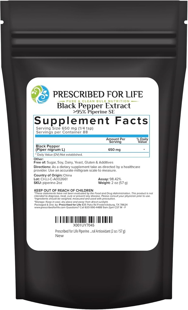 Verschrieben für Leben Piperin Pulver, 95% Schwarz Pfeffer Extrakt Pulver, steigert Nährstoffaufnahme, Glutenfrei, Vegan, Non GMO, natürliches Antioxidans (2oz / 56g)