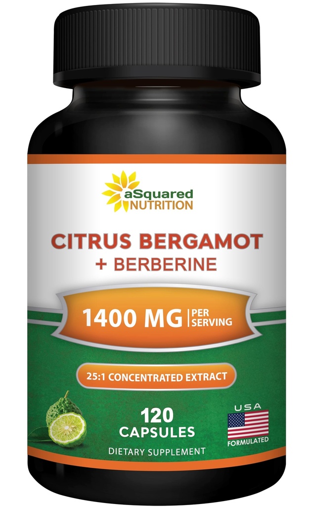aSquared Nutrition Citrus Bergamot with Berberine Supplement - 1400mg Per Serving Max Strength Complex - 120 Capsules - Supports Cardiovascular Health - Pills Alternative to Gummies & Liquid Drops