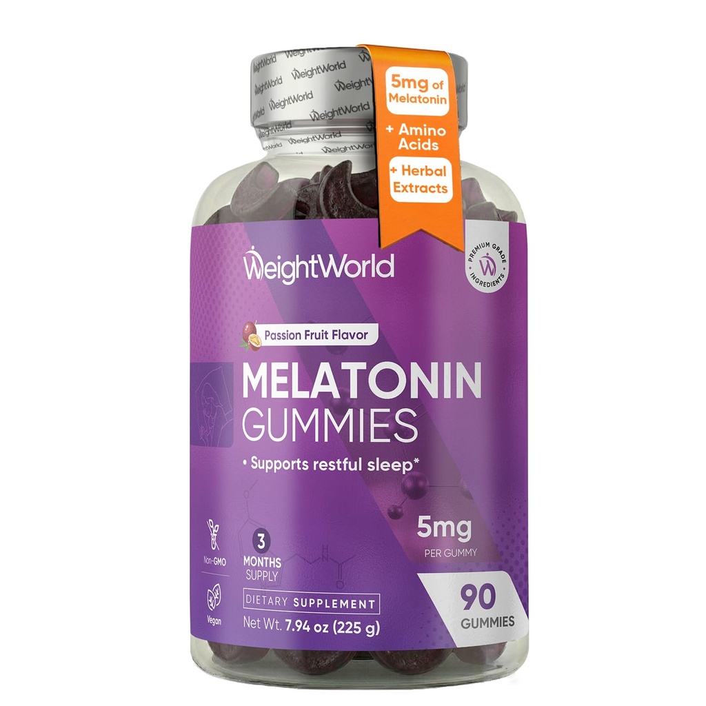 WeightWorld Melatonin 5mg Gummies for Restful Sleep | L-theanine, GABA, Lemon Balm, Passion Flower & Chamomile Extracts | 3-Month Supply, 90 Vegan Melatonin Gummies for Adults, Passion Fruit Flavor
