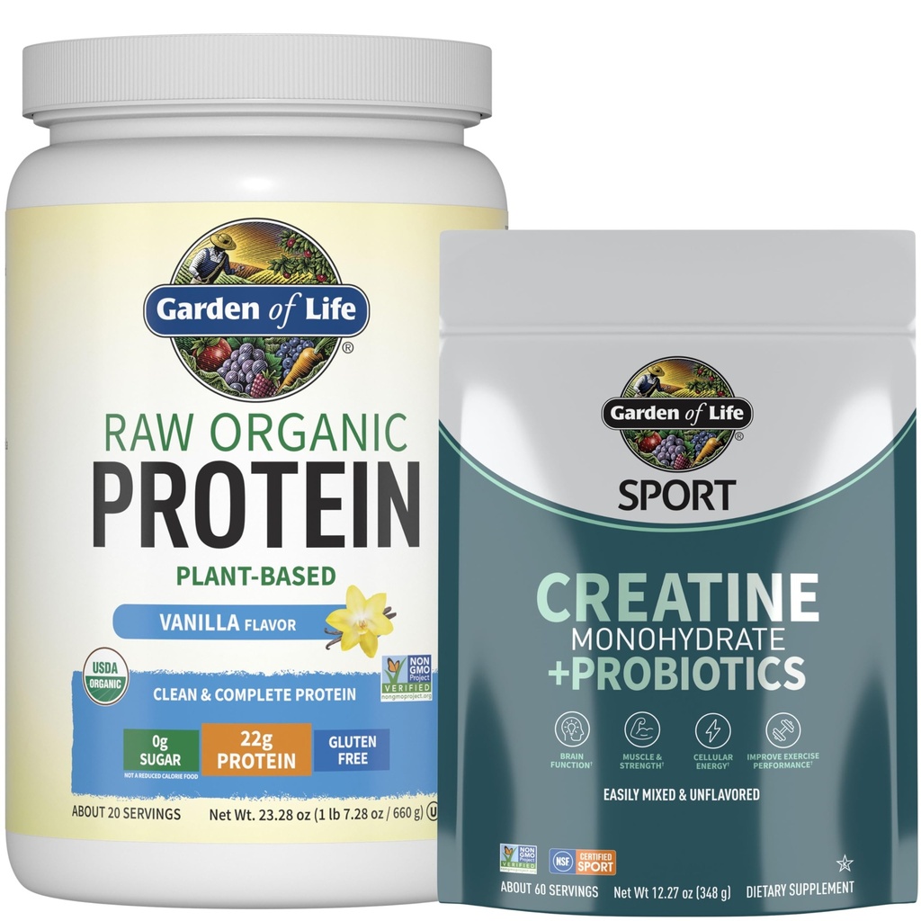 Garden of Life Protein & Creatine Bundle – Vegan Vanilla Protein Powder 20 Servierungen mit BCAAs, Probiotics & Enzymes + Creatine Monohydrate Pre Workout 60 Servierungen für Muskel, Stärke & Performance
