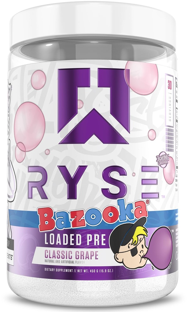 RYSE Loaded Pre Workout Powder - Bazooka Grape - Daily Pre-Workout für Männer und Frauen mit 390mg Koffein, Beta Alanine und Citrulline für Pumpe, Fokus und Energie - 30 Servietten