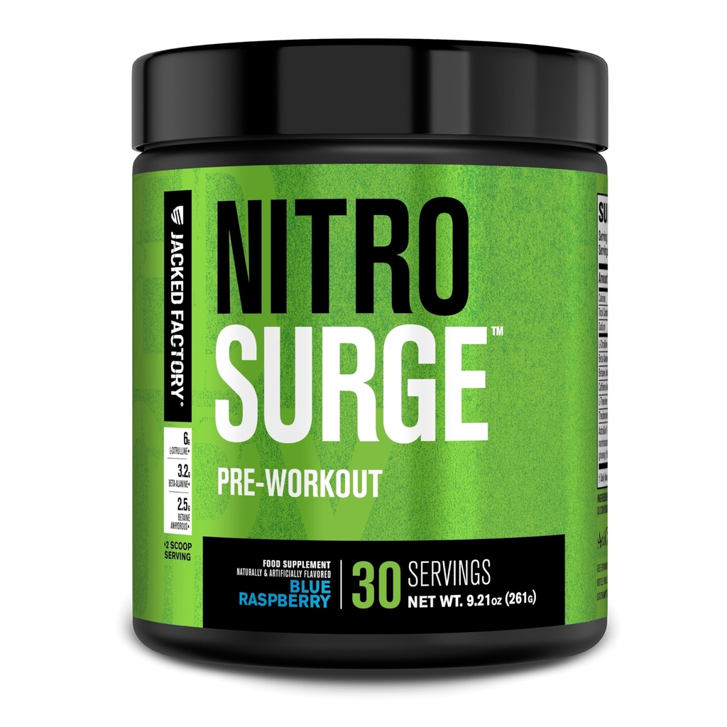 Jacked Factory NITROSURGE Pre Workout Supplement - Energy Booster, Instant Strength Gains, Clear Focus & Intense Pumps - NO Booster & Powerful Preworkout Energy Powder - 30 Servings, Blue Raspberry