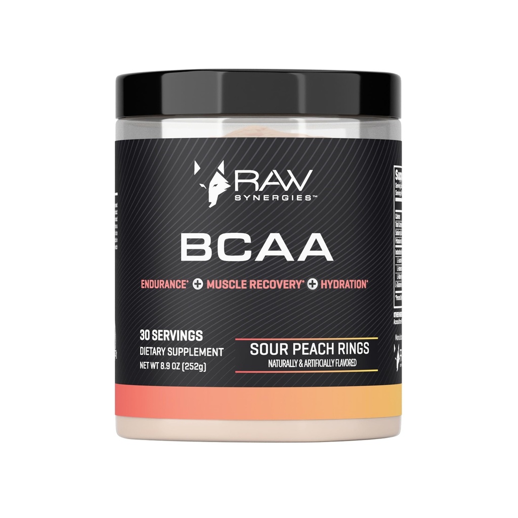 RAW Synergien BCAA Powder – Vegan 2:1 Aminosäuren mit L-Glutamin – Muskel-Recovery, Endurance & Hydration Support – Sour Peach Ringe, 30 Servietten
