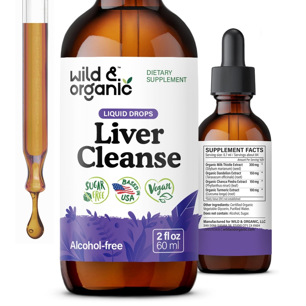 Wild & Organic Liver Cleanse Tincture - Liver Detox Formel mit Milchdistel, Dandelion Root, Chanca Piedra Stone Breaker Extract - Kräuterergänzung - Vegan, Zucker & Alkoholfreie Flüssigkeitstropfen - 2 oz