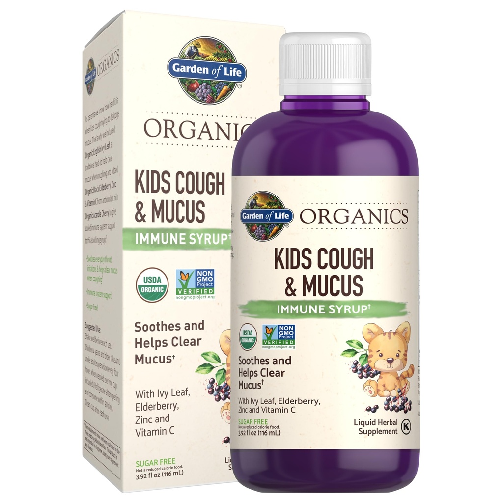 Garten des Lebens Bios Elderberry & Zink für Kinder Immununterstützung, Kinder Husten & Mucus Immunsirup mit Ivy Leaf, Vitamin C und Echinacea für Kinder, Alkoholfrei, Ohne Zusatz von Zucker, 3.92 fl oz