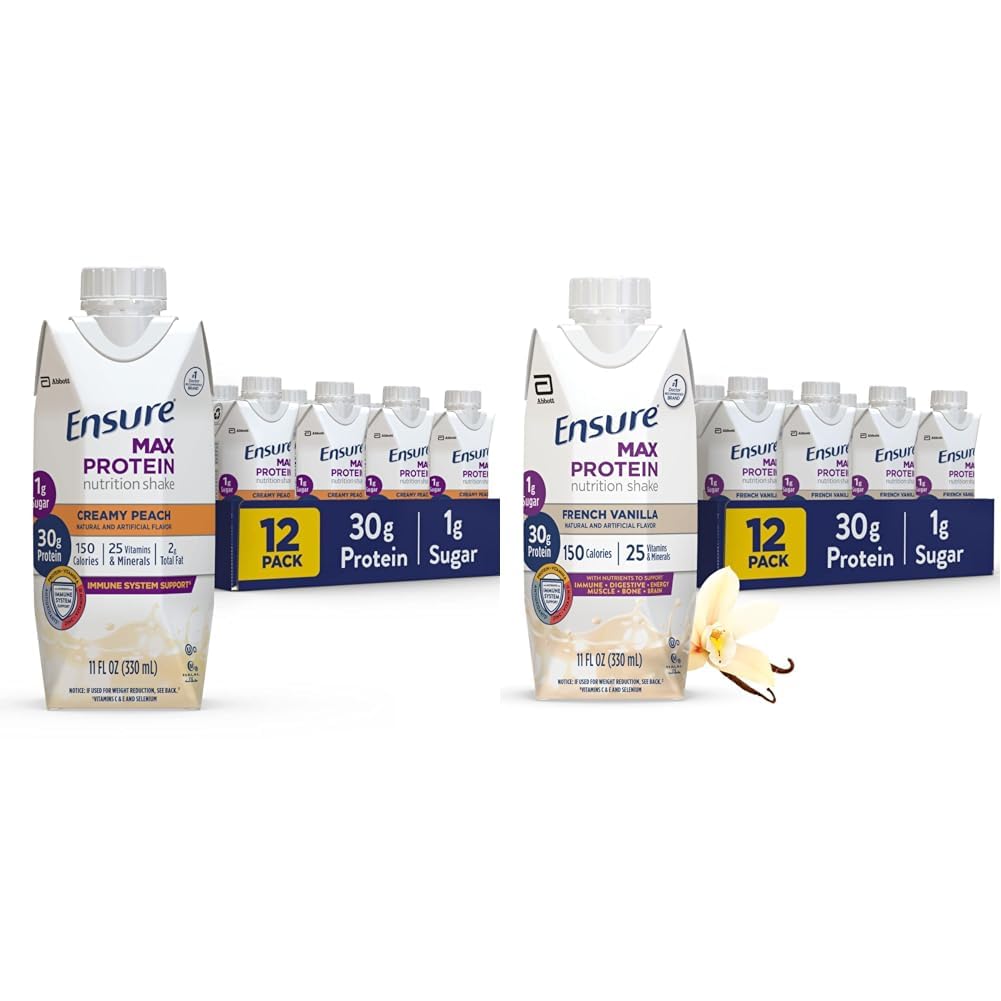 Gewährleistung Max Protein Nutrition Shake mit 30g Protein, 1g Zucker, High Protein Shake, Creamy Peach & French Vanilla, Liquid, 11 fl oz (Pack von 12)