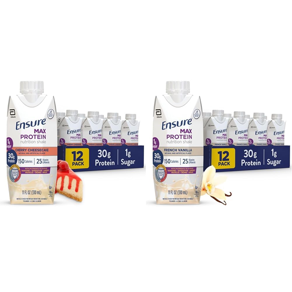 Gewährleistung Max Protein Nutrition Shake mit 30g Protein, 1g Zucker, High Protein Shake, Cherry Cheesecake & French Vanilla, 11 fl oz, Packung von 12