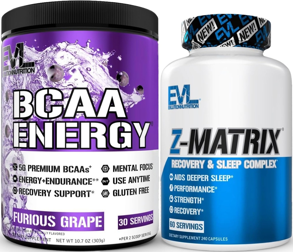 Evlution ZMatrix Magnesium and Zinc Post Workout Supplement (60 Servings) Plus Replenishing BCAAs Amino Acids Powder for Pre & Post Workout (Grape, 30 Servings)