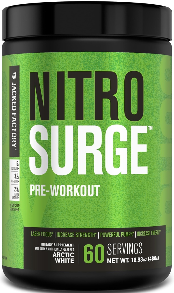 Jacked Factory NITROSURGE Pre Workout Supplement - Endless Energy, Instant Strength Gains, Clear Focus, Intensivpumpen - NO Booster & Powerful Preworkout Energy Powder - 60 Portionen, Arctic White