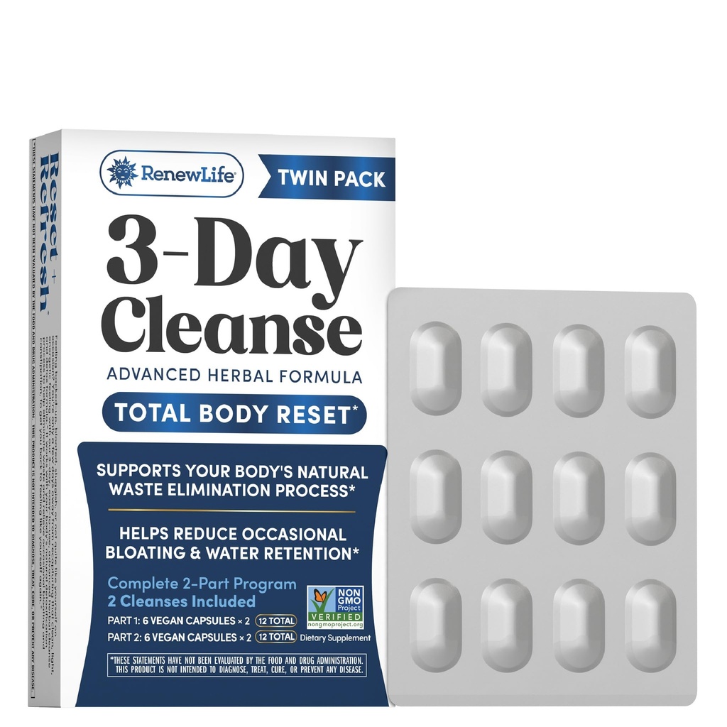 Renew Life 3 Day Cleanse Twin Pack | Advanced Herbal Formula | Helps Reduce Occasional Bloating and Water Retention | 2 Pack (12 Capsules Each, 24 Total) | Dairy, Soy and Gluten Free