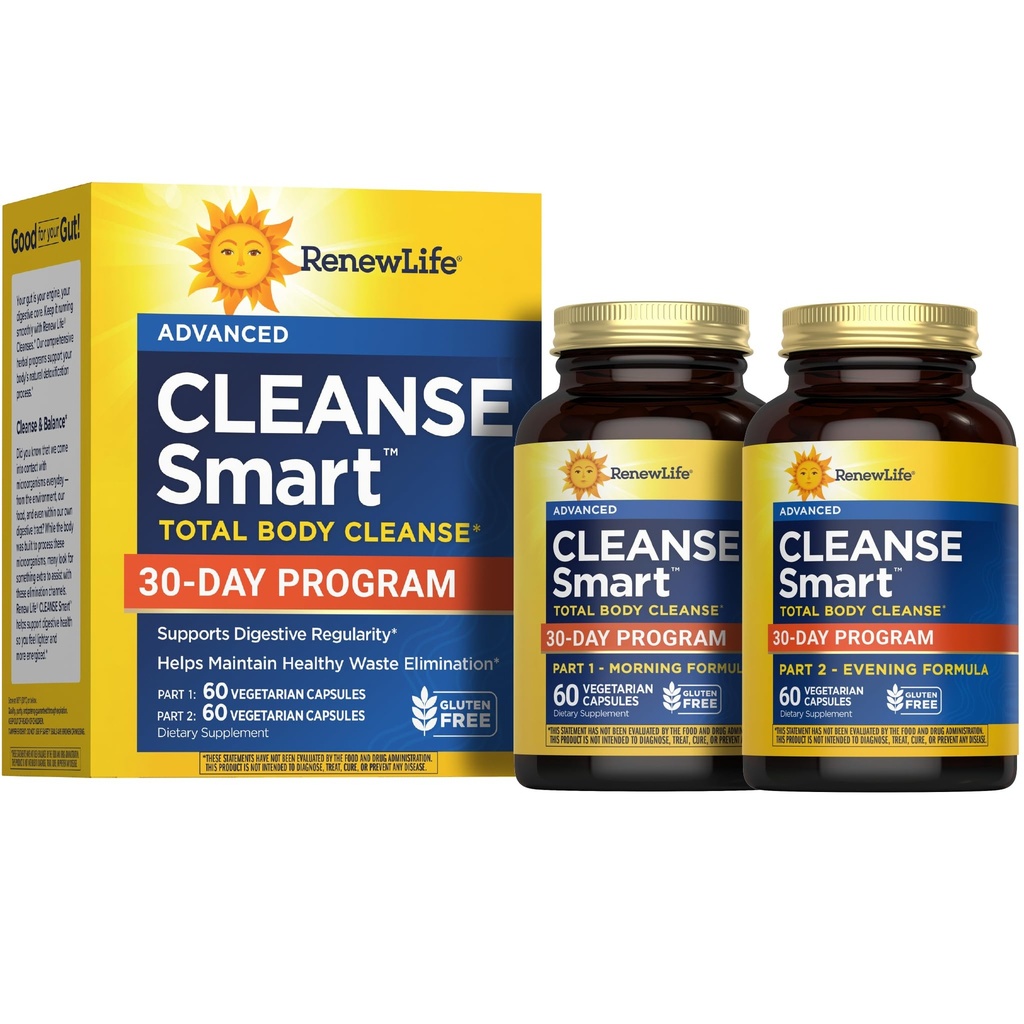 Renew Life Cleanse Smart Advanced Total Body Program, 2-Part Detox Cleanse fördert Verdauungsregularität und unterstützt die Beseitigung von Abfällen, Kräutermischung mit Magnesium, Soja und glutenfrei, 120 Zähler