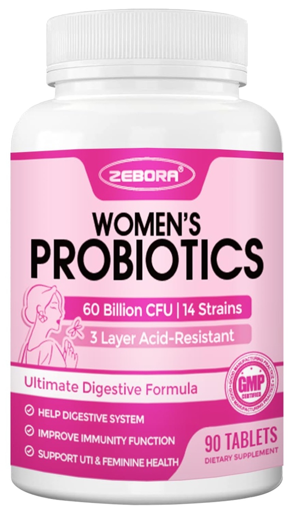 ZEBORA Probiotics for Women Digestive Health, Prebiotics and Probiotics with 60 Billion for Immun Support and Gut Health, Gluten & Soy Free, 90 Tablets