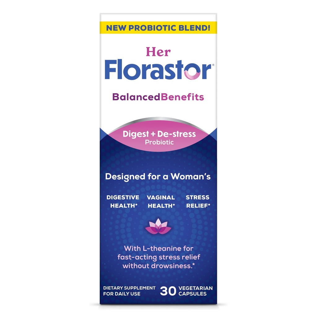 Florastor Probiotics for Women, Digest and De-Stress, Probiotics for Digestive Health, Vaginal Probiotic, und L-Theanine for Mind and Body Wellness, 30 Kapseln