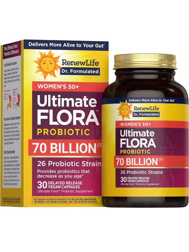 Renew Life Ultimate Flora Probiotics for Women 50+ 70 Billion CFU Delayed Release Vegan Capsules | Vaginal | Digestive Health | Immune Health | Dairy Free | 30 Count