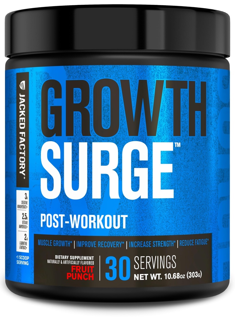 Jacked Factory Growth Surge Creatine Post Workout w/L-Carnitin - Tägliche Muskelaufbau- und Erholungsergänzung mit Kreatin Monohydrat, Betaine, L-Carnitin L-Tartrate - 30 Servietten, Obst-Punch