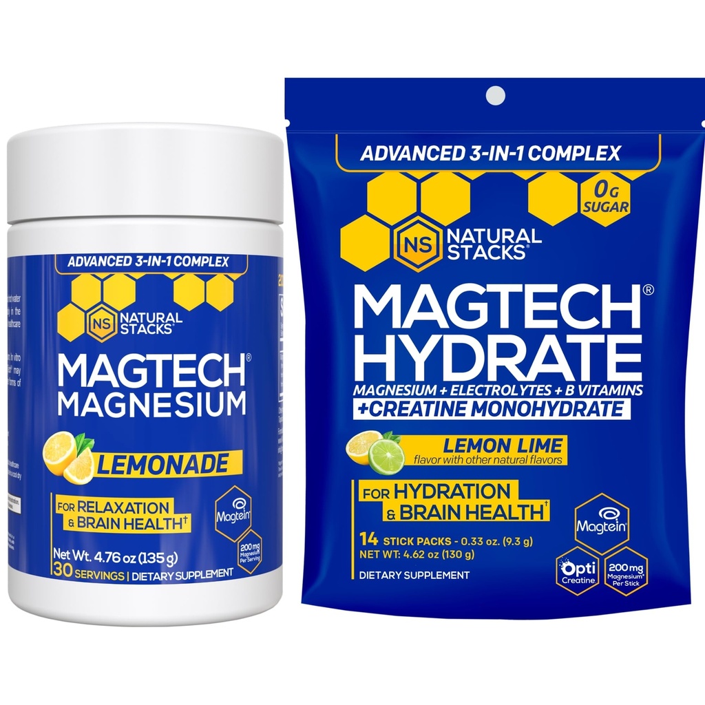 Magtech Magnesium Lemonade & Magtech Hydration Pulver mit Kreatin - Zuckerfreies Magnesiumpulver - Unterstützt Hydration & Gehirn Gesundheit - 44 Gesamt Servierungen