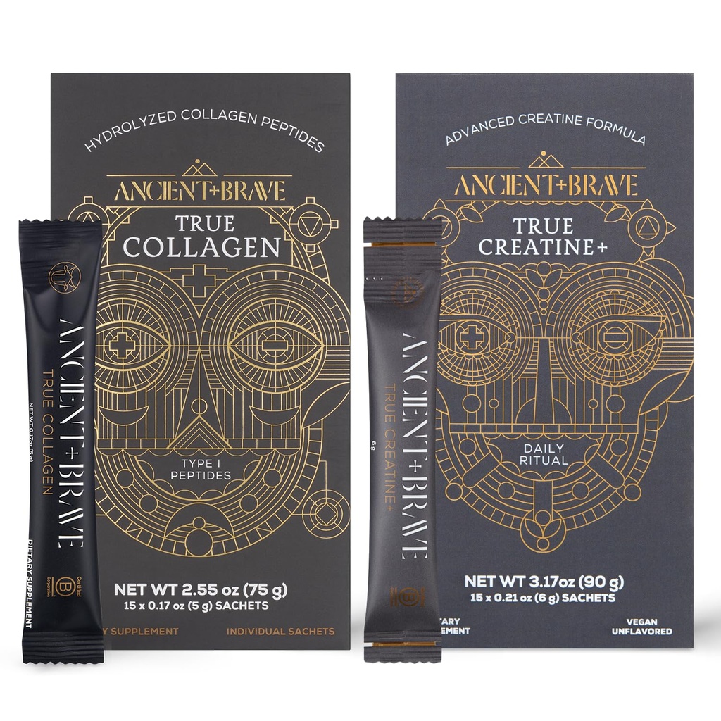 Ancient + Brave True Collagen & True Creatine Packets - Premium Collagen Peptides + Advanced Creatine Formula Sachets (15 of Each) - Supports Skin, Hair, Joints, Strength & Recovery⁺ - 5g x 30 Count