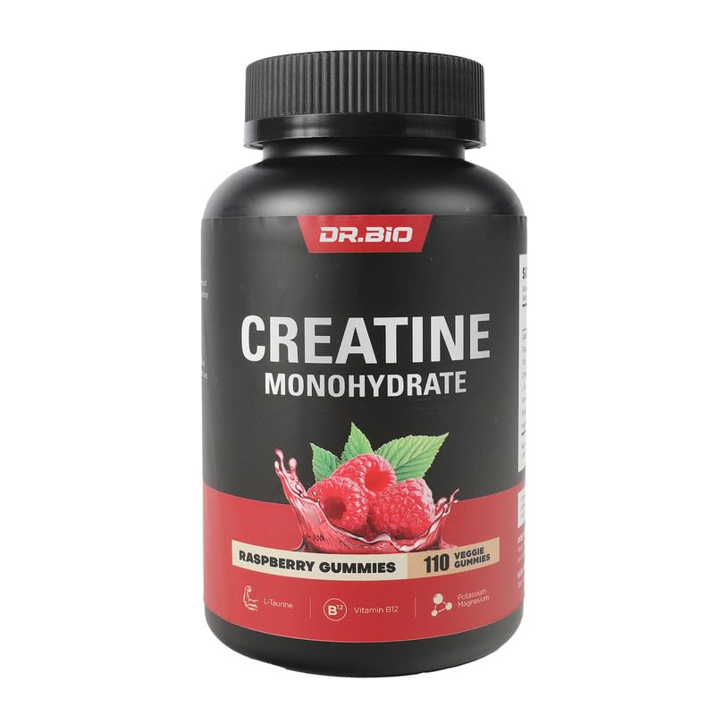 DR.BIO Creatine Monohydrate Gummie für Energie & Muskelunterstützung, PreWorkout Complex Creatine für Frauen & Männer mit 5000mg Creatine, L-Taurine, B12, Mg und K, Vegan, Red Raspberry, 110 Count
