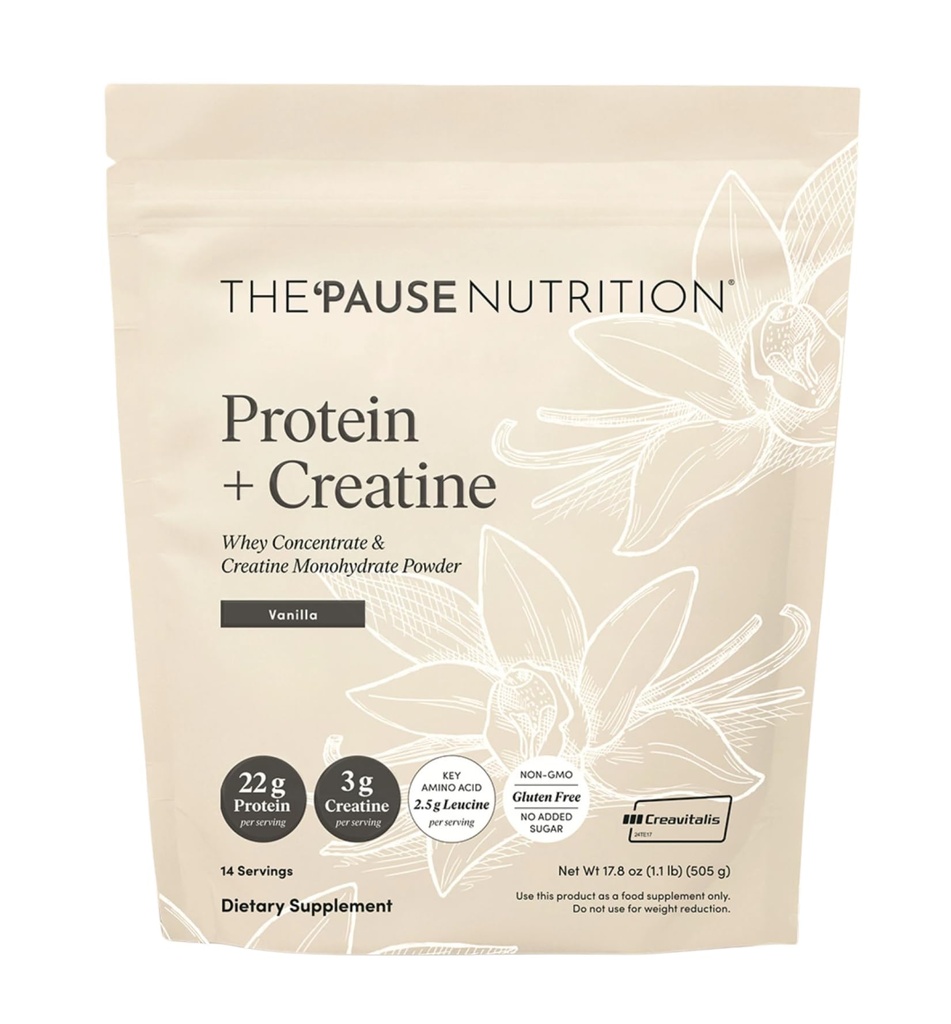 The 'Pause Life Protein + Creatine, Made with Creavitalis Creatine Monohydrate, Whey Protein, & BCAAs for Men and Women, Gluten Free, Low Sugar, Non GMO, Vanilla Flavor, 14 Servings, 17.8 oz