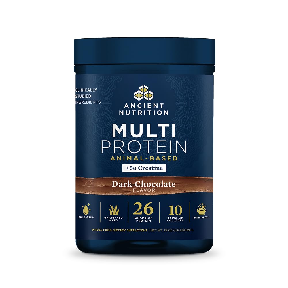 Ancient Nutrition Multi Protein Animal Based Powder + Creatine, 26g Protein, Grass Fed Whey, Bone Broth, Collagen Peptides, 5g Creatine Monohydrate, Colostrum & Probiotics, Dark Chocolate, 15 Servings