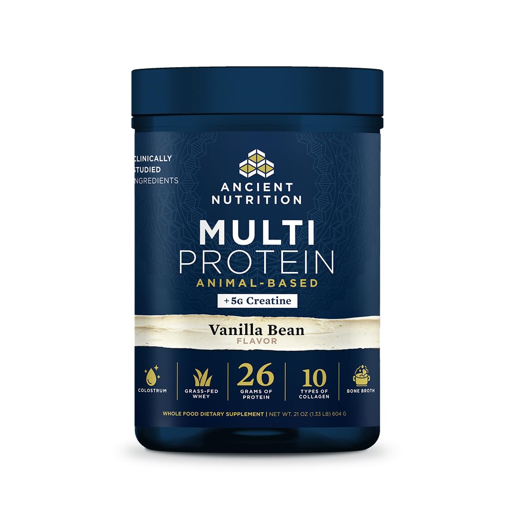 Antike Ernährung Multi Protein Tierbasiertes Pulver + Kreatin, 26g Protein, Gras Fed Whey, Bone Broth, Collagen Peptides, 5g Kreatin Monohydrate, Colostrum & Probiotics, Vanilla Bean, 15 Portionen