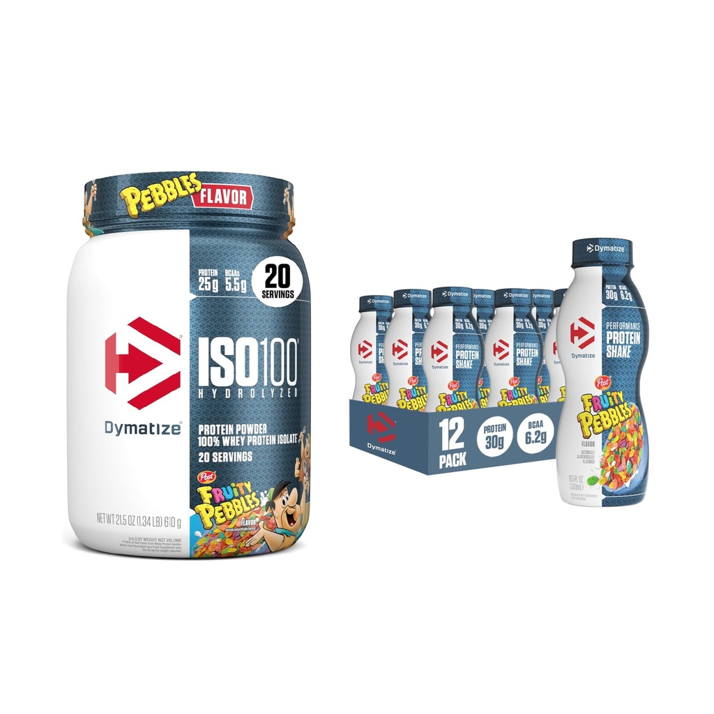 Bundle of Dymatize Performance Protein Shake, Fruity Pebbles (12 pack) + ISO100 Whey Protein Powder Isolate, Fruity Pebbles (20 Servierungen)