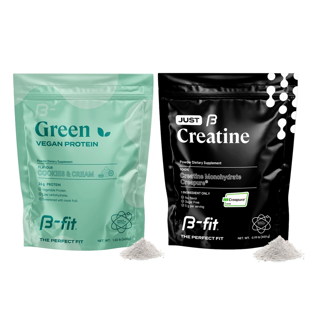 B-FIT B Vegan Protein + Just Creatine - Pea Protein Powder 600g - Pflanzenbasierte Protein Shake - Kreatin Monohydratpulver - Kreapure - 90 Servierungen - 450 g