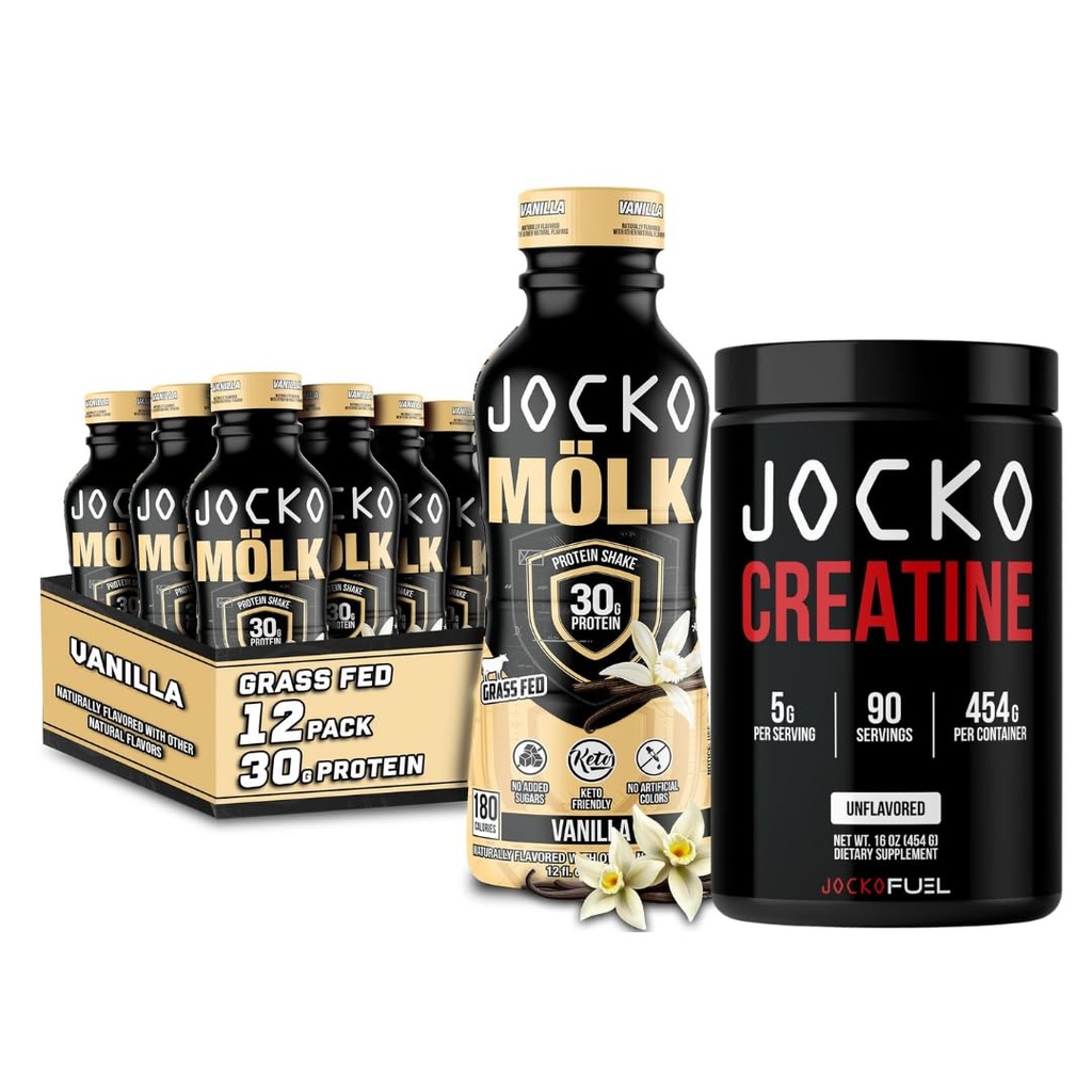 Jocko Mölk Grass Fed Protein Shakes - Bereit zu trinken (Pack mit 12) Vanille + Jocko Creatine