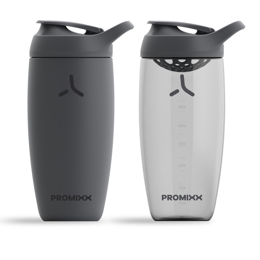 Promixx PURSUIT Protein Shaker Bottle 2-Pack – Premium Sports Blender Flaschen für Proteinmischungen und Ergänzung Shakes – 1 Edelstahl 550ml, 1 Ecozen 700ml – Graphite Gray