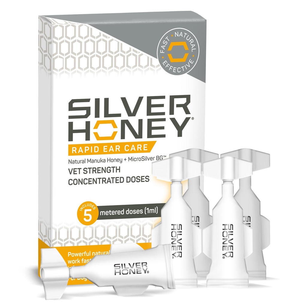 Absorbine Silber Honey Rapid Ear Care Vet Strength Konzentrate Doses, 5 Ohr Tropfen für 10 Tage auf 1 Ohr für Hunde & Katzen, Medizinische Grad Manuka Honey & MicroSilver BG