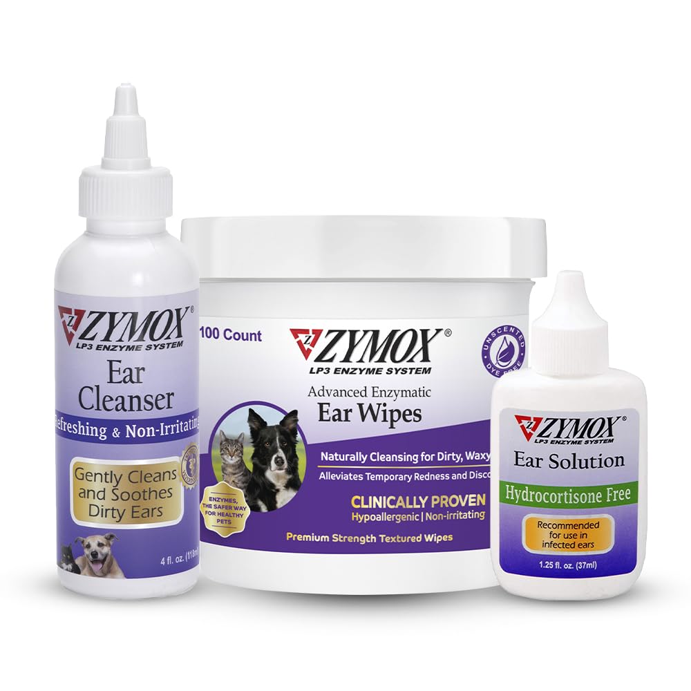 Zymox Enzymatic Ear Wipes, Ear Cleanser, & Ear Solution Ohne Hydrocortison für Hunde und Katzen - Produkt Bundle - für Schmutz, Wachs, Smelly Ears und zu beruhigen Ohr Infektionen