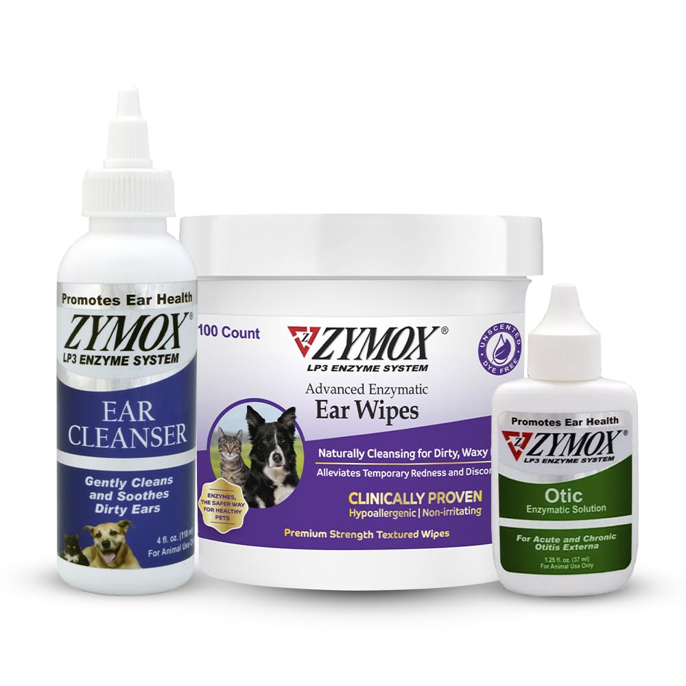 PET KING BRANDS ZYMOX Enzymatic Ear Wipes, Ear Cleanser, & Otic Ear Lösung für Hunde und Katzen - Produkt Bundle - für Schmutz, Wachs, Smelly Ears und zu beruhigen Ohr Infektionen, 100 ct, 4 oz und 1,25 oz