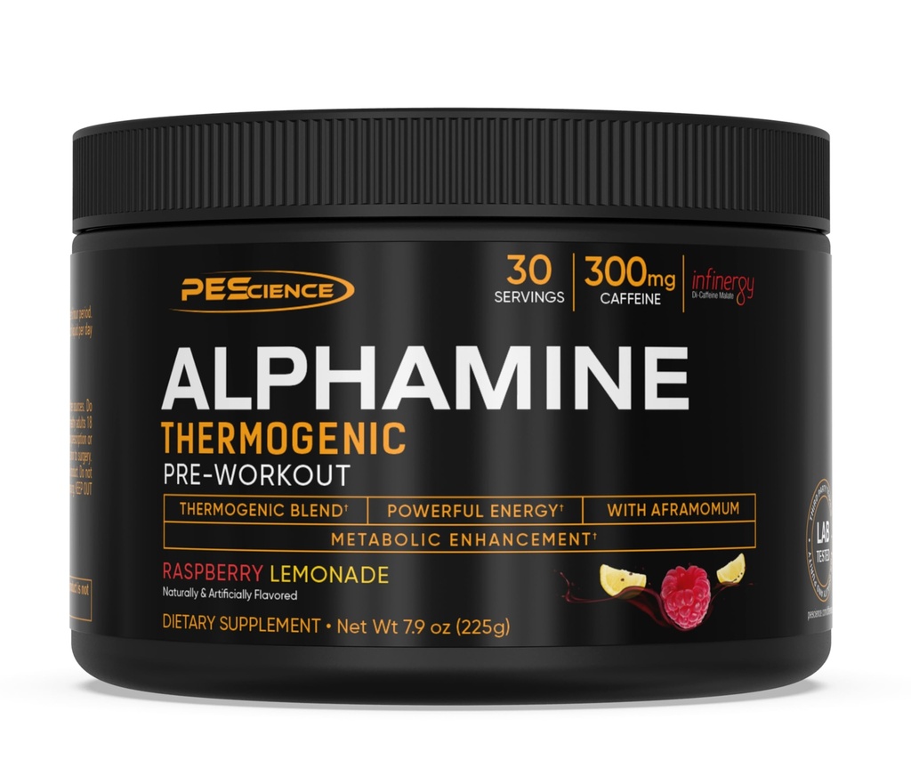 PEScience Alphamine Thermogenic Pre-Workout, Fat Burning PreWorkout Energy Powder mit L-Carnitin, Raspberry Lemonade, 60 Scoops