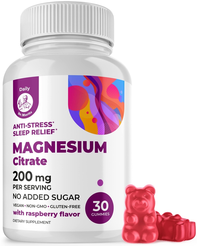 DR. MORITZ Magnesium-Zitrat-Gummien für Erwachsene - Sugar-Free Calm Magnesium-Gummien - Unterstützt Herz-Kreislauf-Gesundheit- Raspberry Flavor - Non-GMO, 200 mg (30 Zähler)