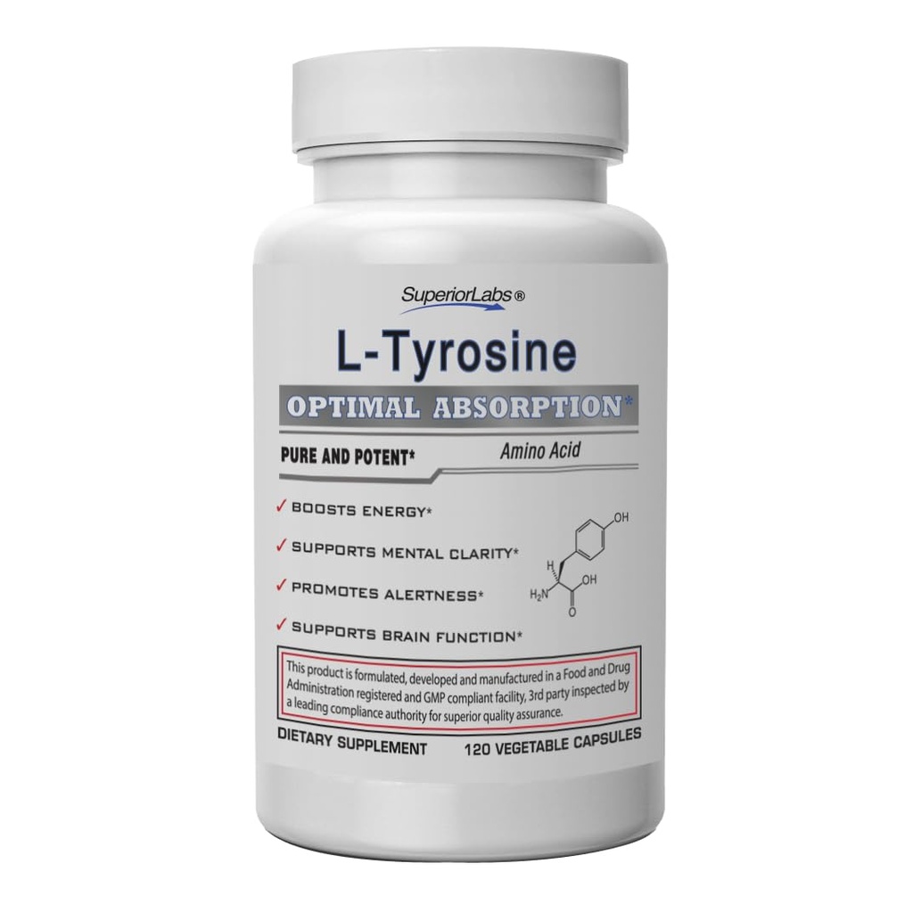 Superior Labs L-Tyrosin 500 mg, reine nicht-GMO Nootrope Aminosäure, hohe Absorption, Mood & Focus-Unterstützung, Stress-Relief, kognitive & Mental Clarity, Schilddrüse & Alertness-Unterstützung, 120 Veg Caps